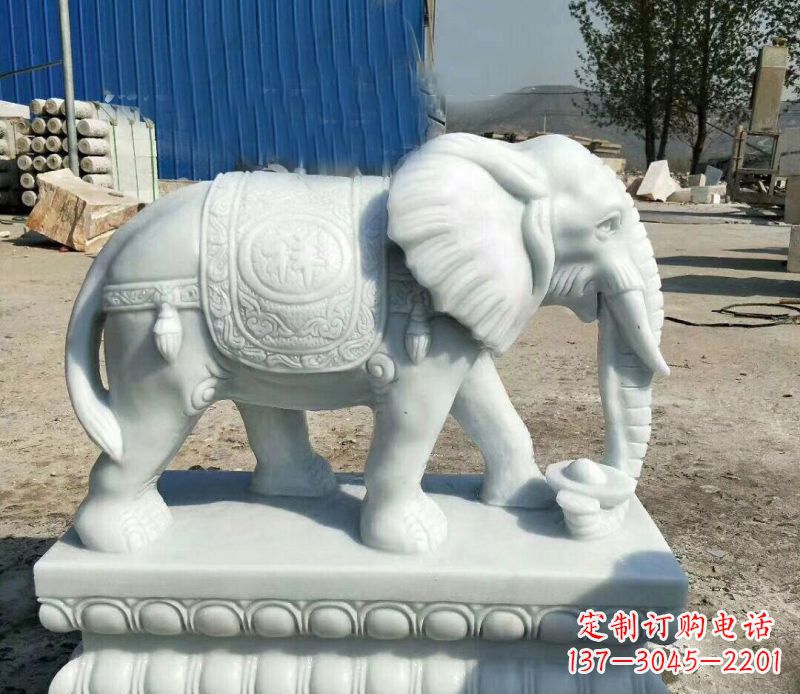 吉林鼻卷元宝的大象汉白玉吉祥如意石雕
