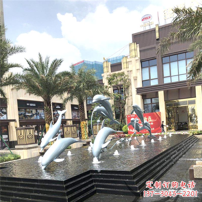 吉林不锈钢海豚喷泉-城市企业街道睡觉景观雕塑