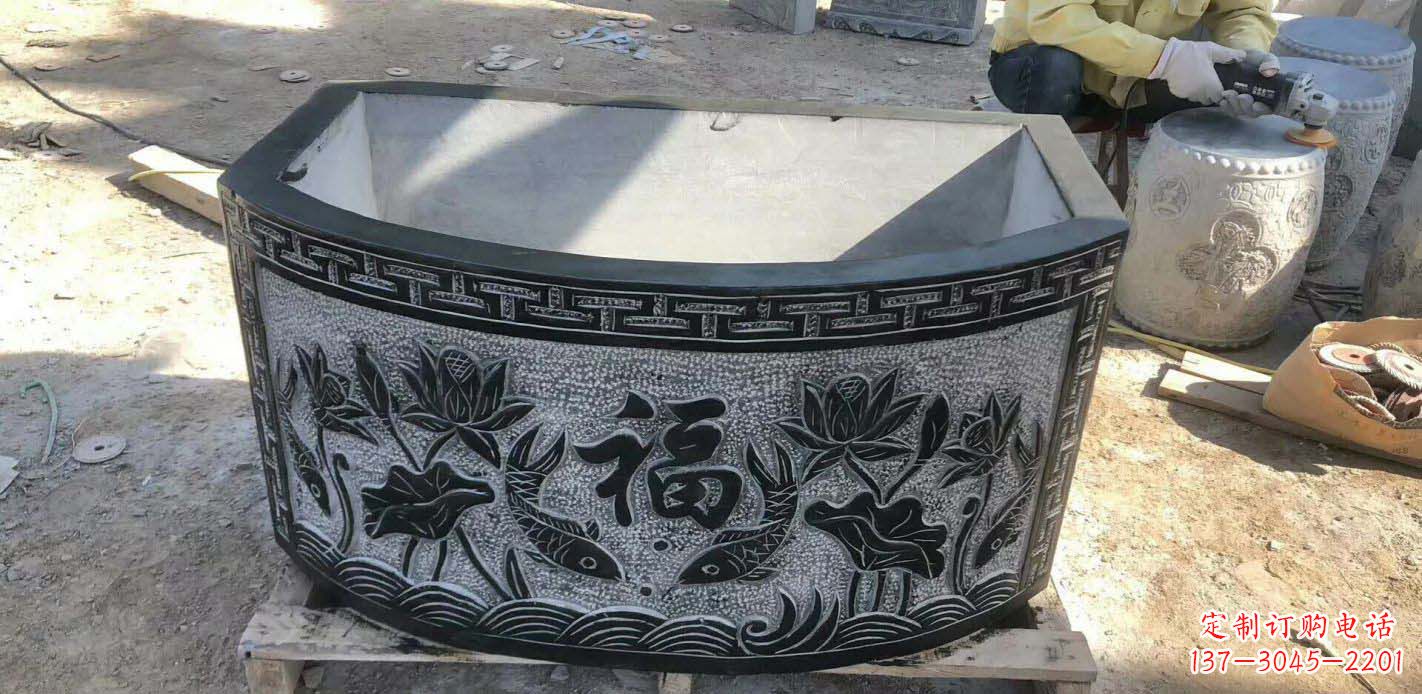 吉林精致方口石浮雕水缸雕塑