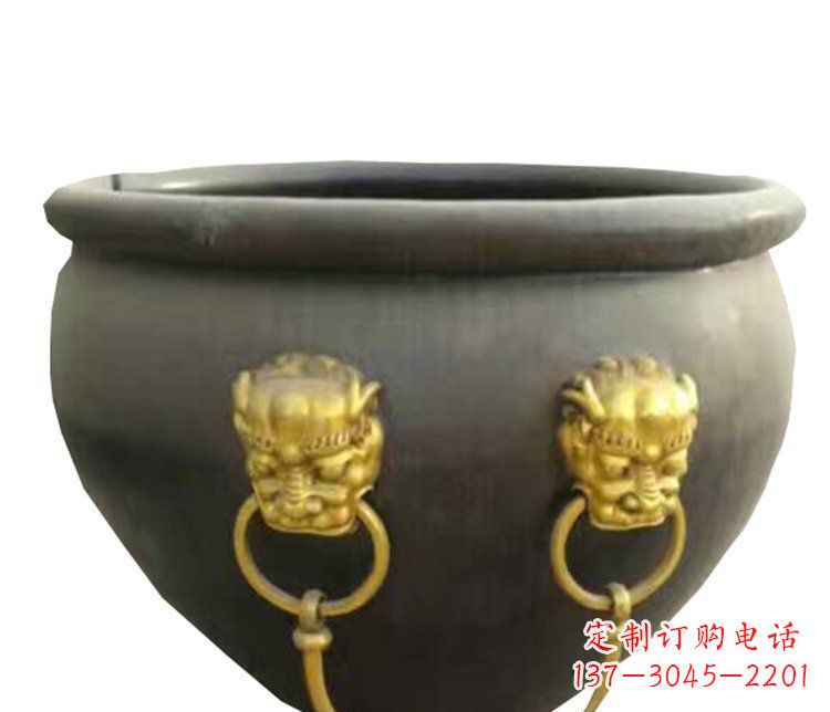 吉林仿古鎏金狮子头水缸铜雕塑