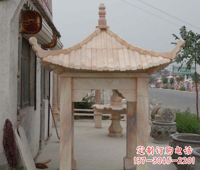 吉林精美红六角石凉亭雕塑