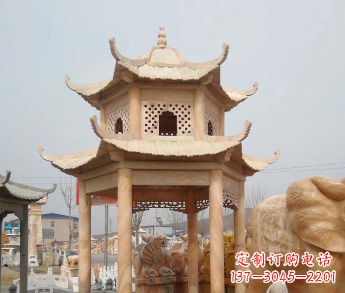 吉林红双层六角石凉亭雕塑