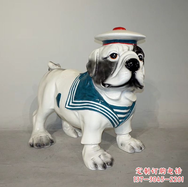 吉林海军玻璃钢仿陶瓷斗牛犬狗雕塑