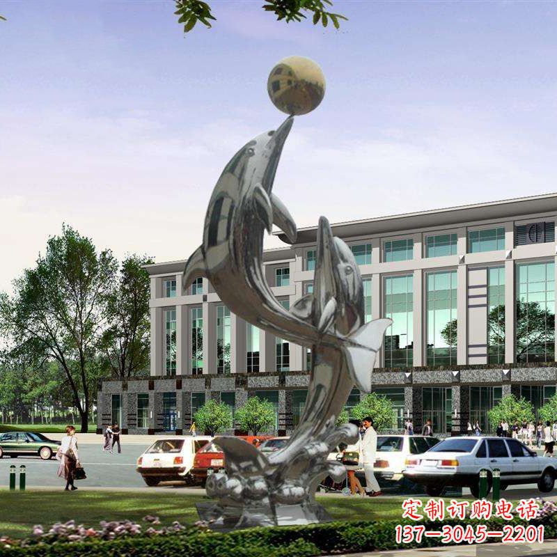 吉林不锈钢海豚戏球雕塑，营造清新海岸风情