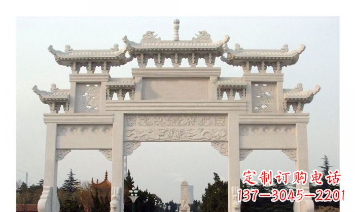 吉林汉白玉三门牌坊石雕艺术品