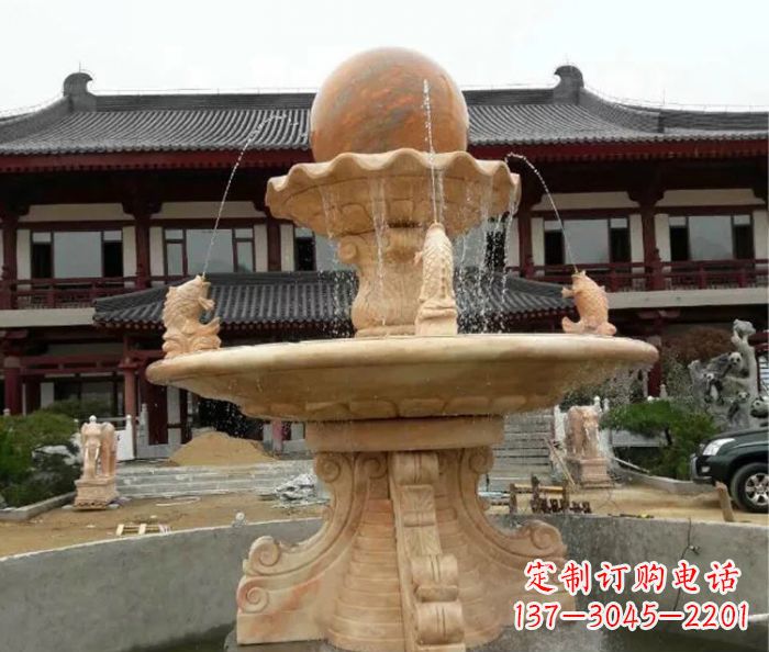 吉林双层风水球喷泉晚霞红石雕