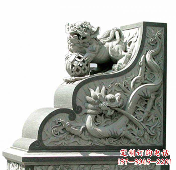 吉林寺庙景观玩绣球狮子石雕门墩