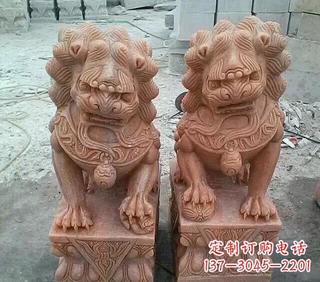 吉林晚霞红传统狮子石雕