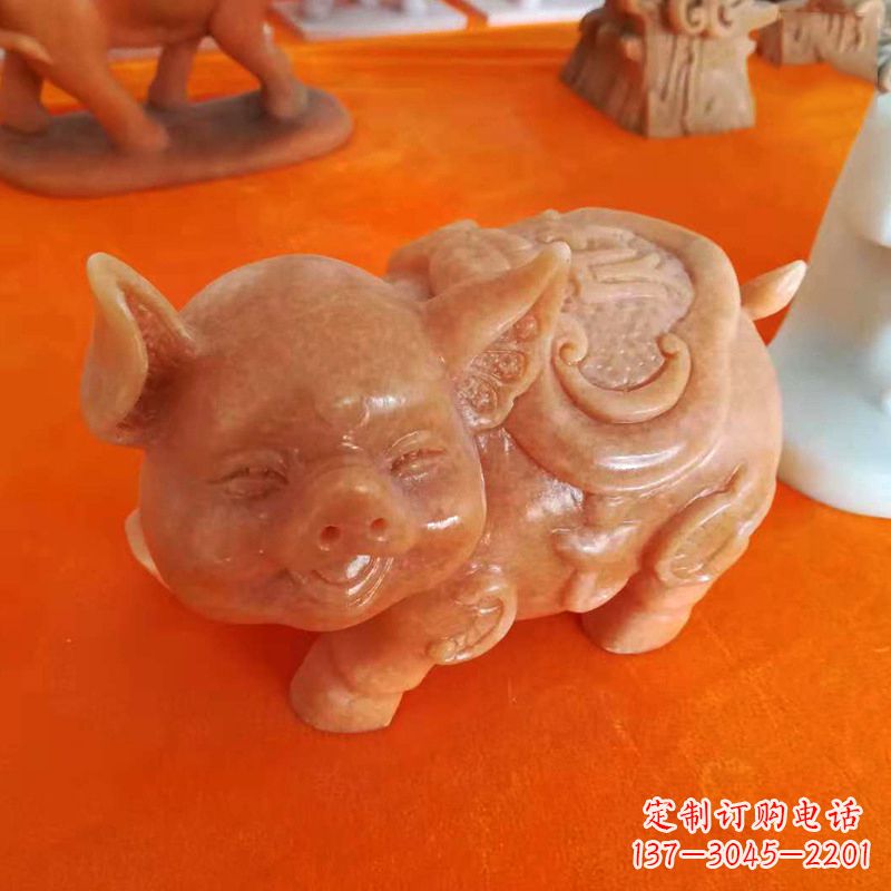 吉林晚霞红大理石招财猪雕塑-企业商场创意生肖动物风水摆件