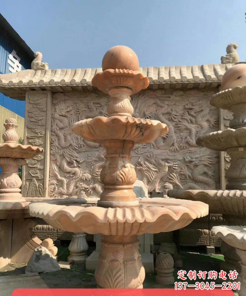 吉林晚霞红风水球石雕喷泉