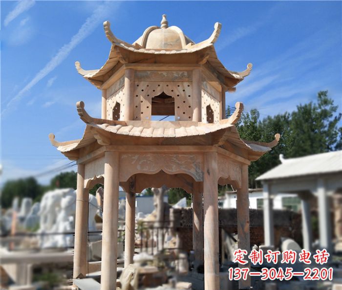 吉林晚霞红公园双层六角凉亭石雕