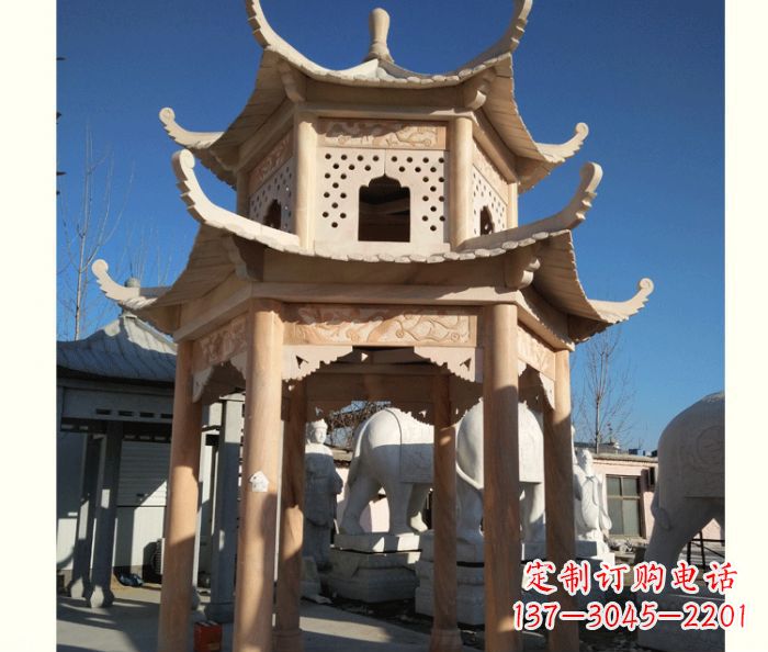吉林晚霞红公园双层六角凉亭石雕 (2)