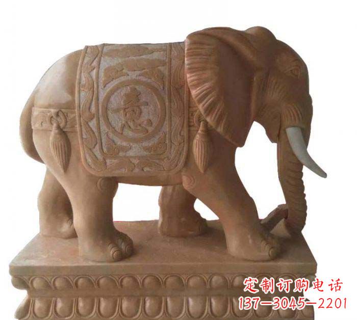 吉林晚霞红吉祥如意大象石雕 (2)
