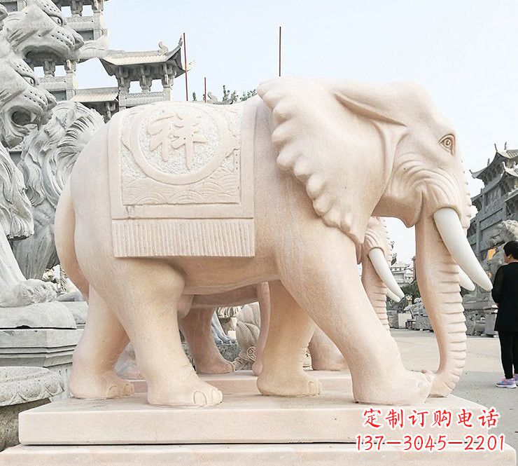 吉林晚霞红吉祥如意大象石雕