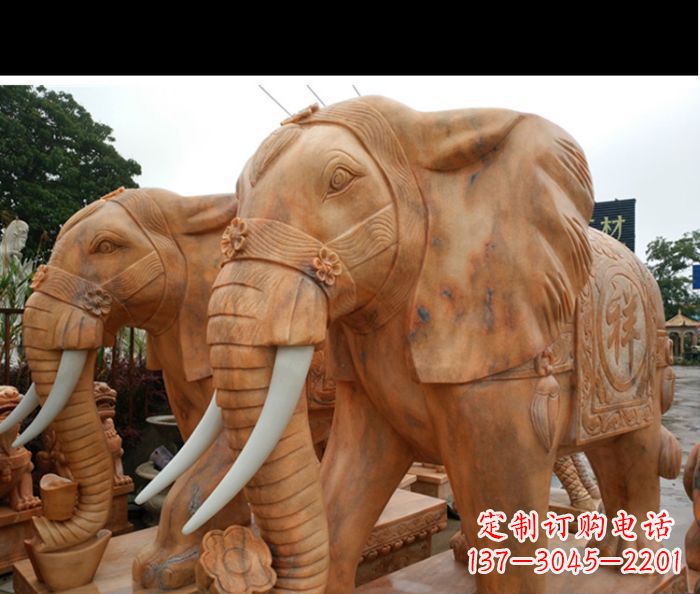 吉林晚霞红吉祥如意门口镇宅招财大象石雕 (3)