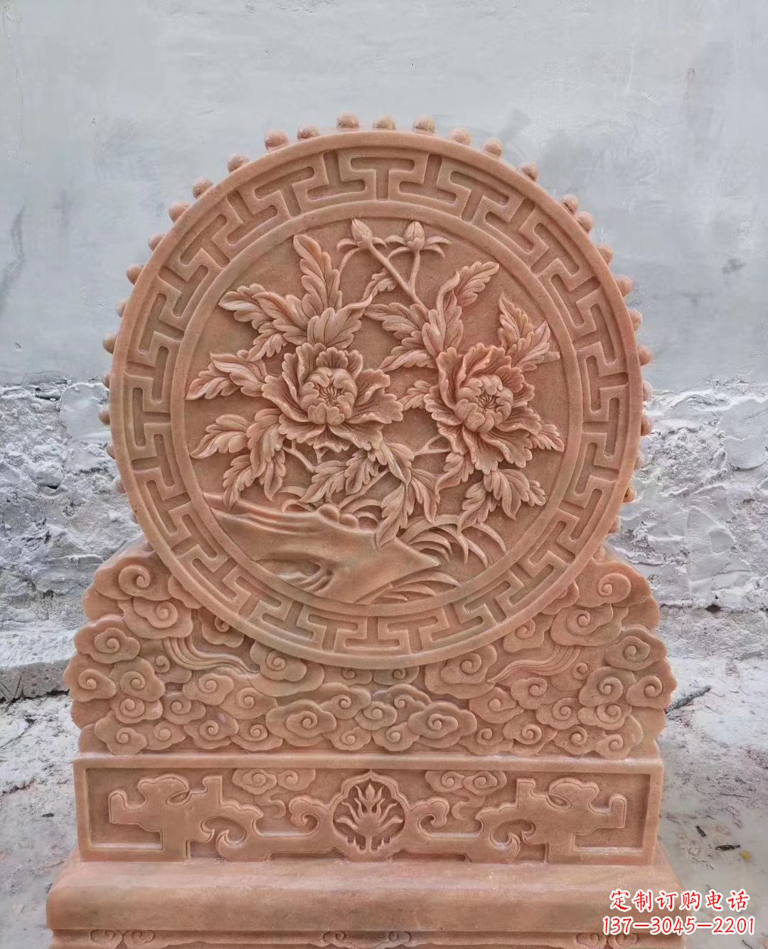 吉林晚霞红牡丹花浮雕石门墩