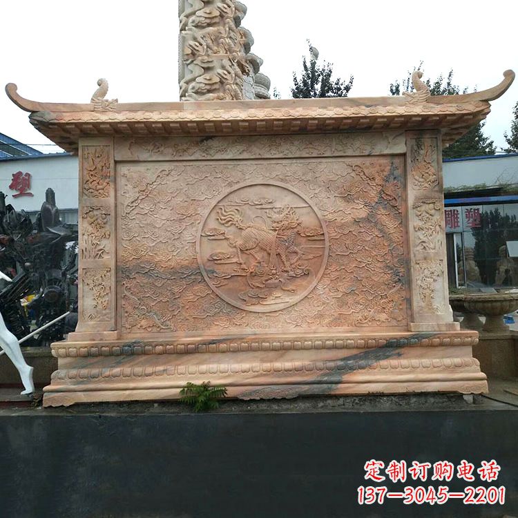 吉林晚霞红麒麟影壁墙石雕