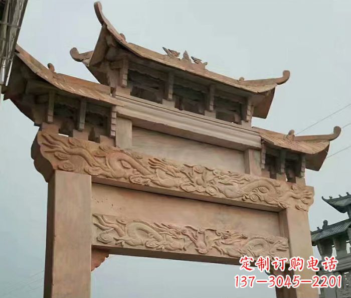 吉林晚霞红石雕单门牌坊
