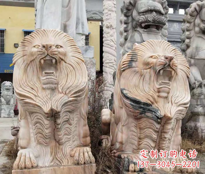 吉林晚霞红石雕欧式石狮子