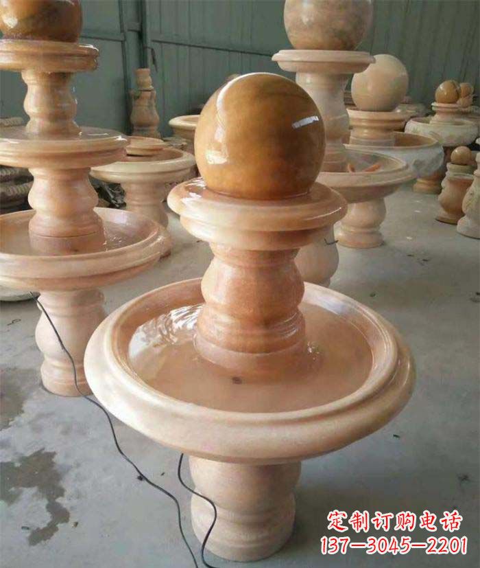 吉林晚霞红双层风水球别墅喷泉石雕