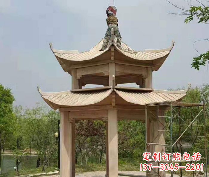 吉林晚霞红双层凉亭石雕 (2)