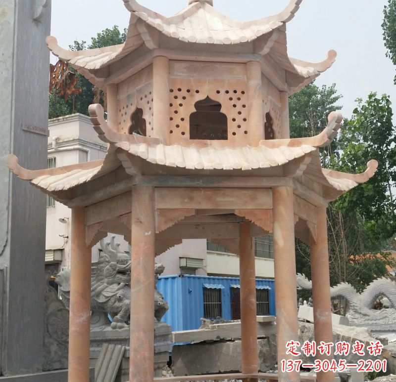 吉林晚霞红双层六角凉亭石雕 (2)