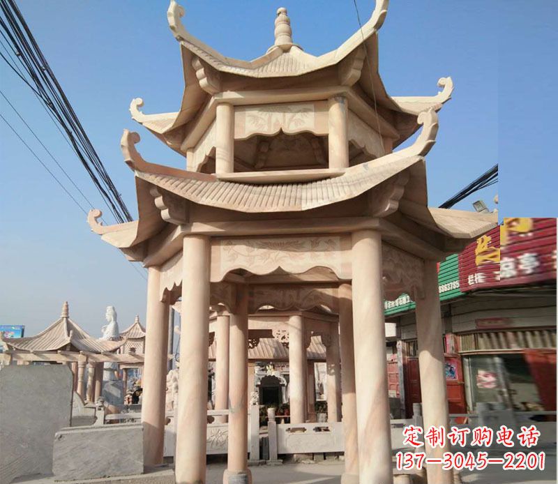 吉林晚霞红双层六角凉亭石雕 (3)