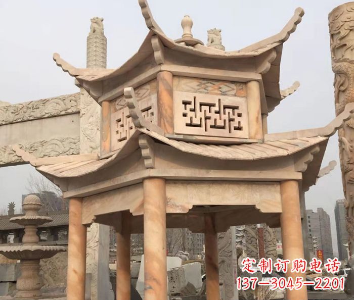 吉林晚霞红双层石雕凉亭