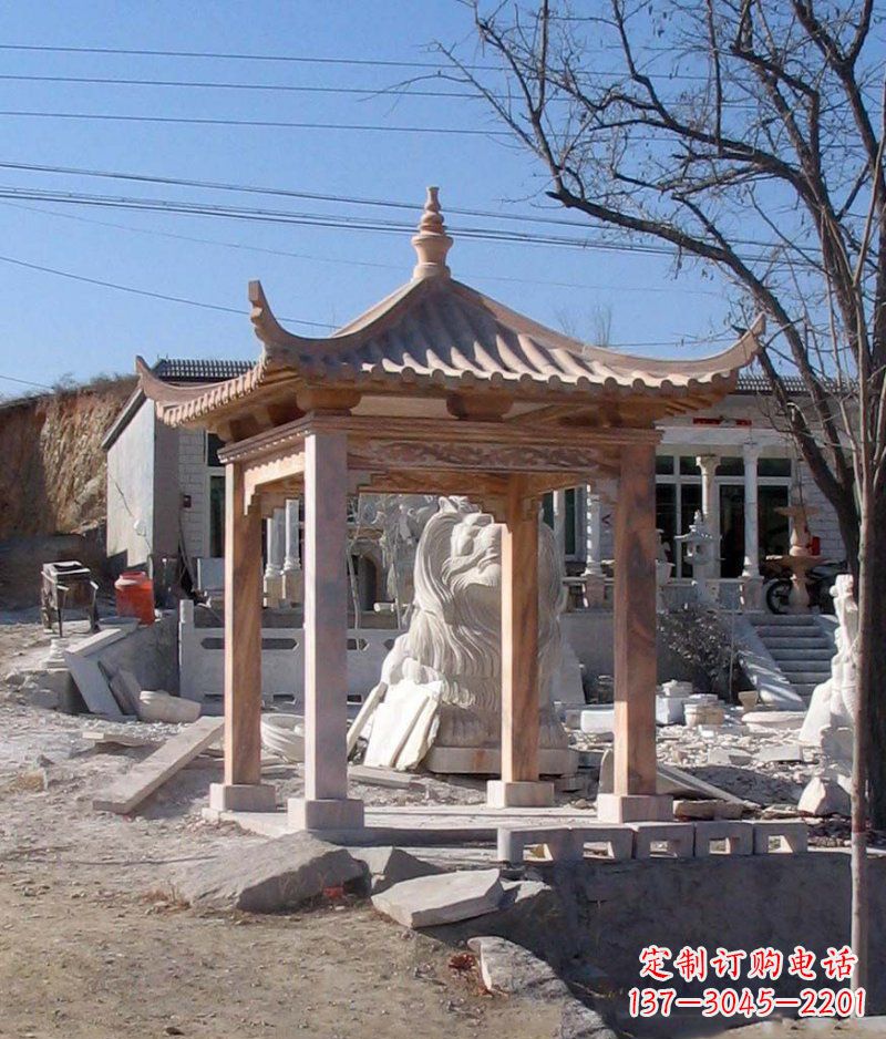 吉林晚霞红四角凉亭景观石雕