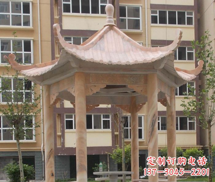 吉林小区晚霞红六角凉亭石雕