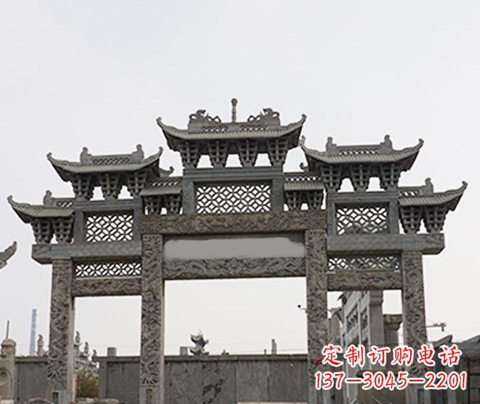 吉林园林仿古三门牌坊石雕 (4)