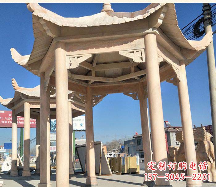 吉林园林景观晚霞红六角石雕凉亭 (2)