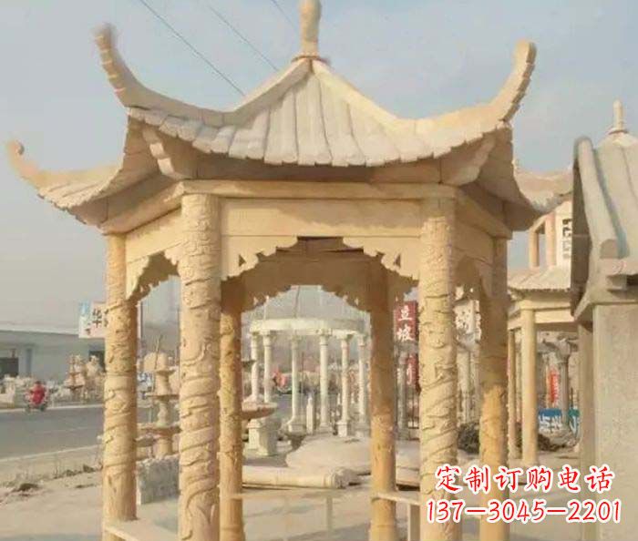吉林园林景观晚霞红六角石雕凉亭 (3)