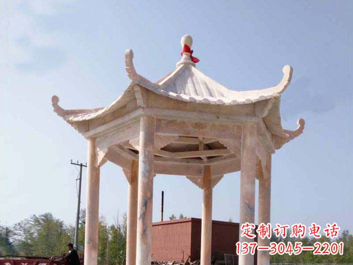 吉林园林景观晚霞红六角石雕凉亭