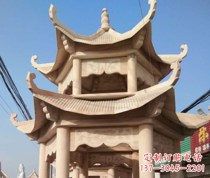 吉林园林景观晚霞红双层石雕凉亭 (2)