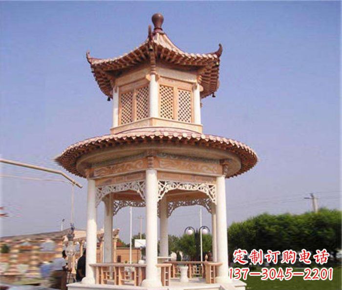 吉林园林景观晚霞红双层石雕凉亭 (4)