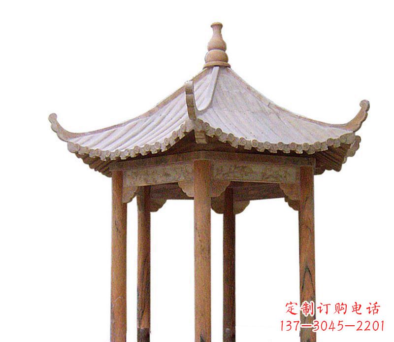 吉林园林晚霞红六角石凉亭景观石雕 (2)