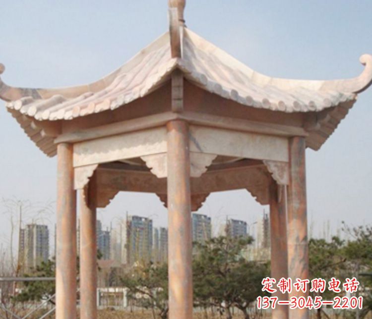 吉林园林晚霞红六角石凉亭景观石雕