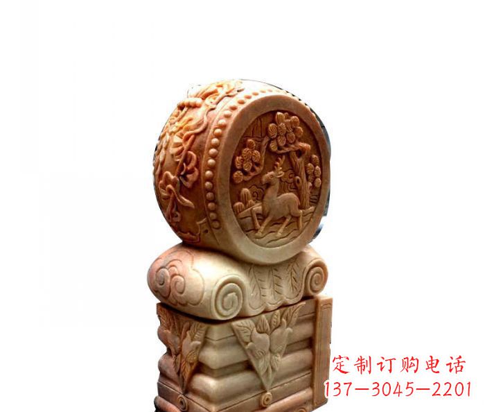 吉林招财石门墩晚霞红抱鼓石