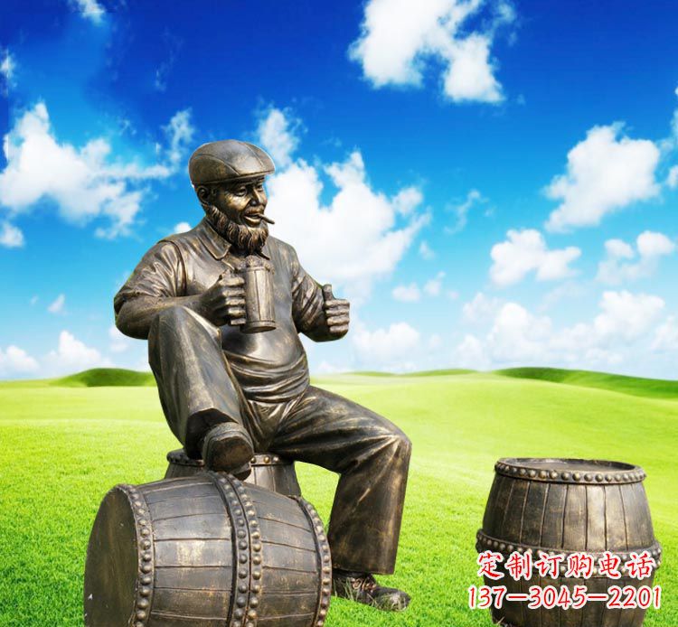 吉林坐酒桶喝啤酒的西方人物铜雕