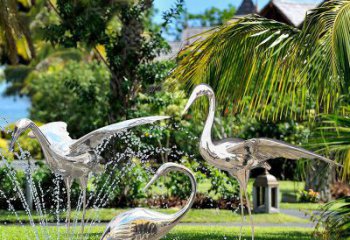 吉林鹤雕塑-公园池塘不锈钢镜面抽象喷泉中的鹤雕塑