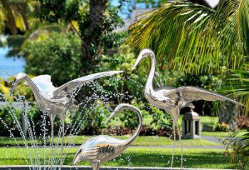 吉林仙鹤雕塑-公园池塘不锈钢喷泉中的仙鹤雕塑