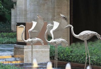 吉林鹤雕塑-公园不锈钢镜面喷泉中的鹤雕塑